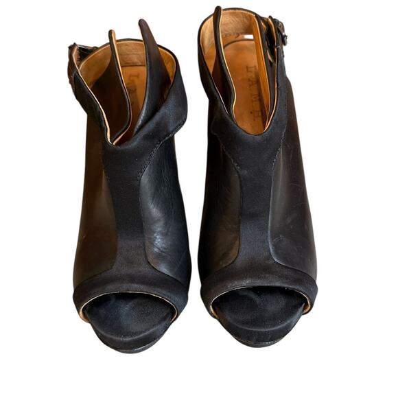 L.A.M.B. Gwen Stefani Leather & Satin Trim Platform Open Toe Booties Black - Picture 3 of 10